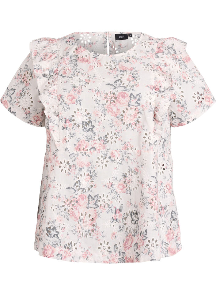 Bluse i bomuld med broderie anglaise og fl&aelig;ser, Lyser&oslash;d, Packshot image number 0