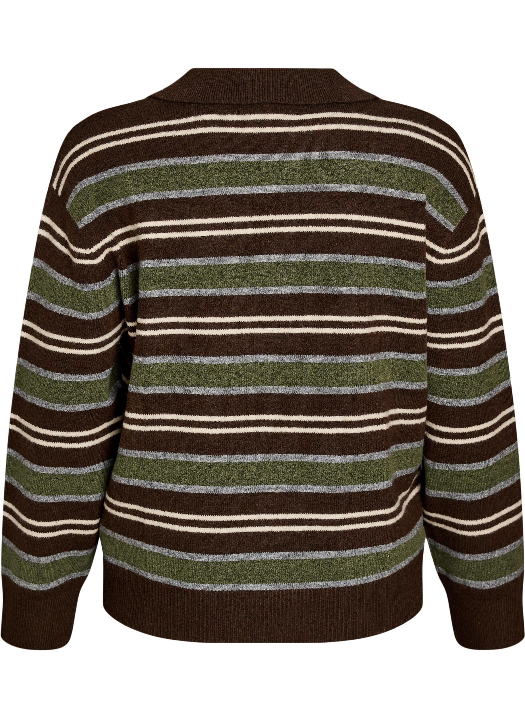ZizziStrikbluse med striber og polokrave, Brun, Packshot image number 1