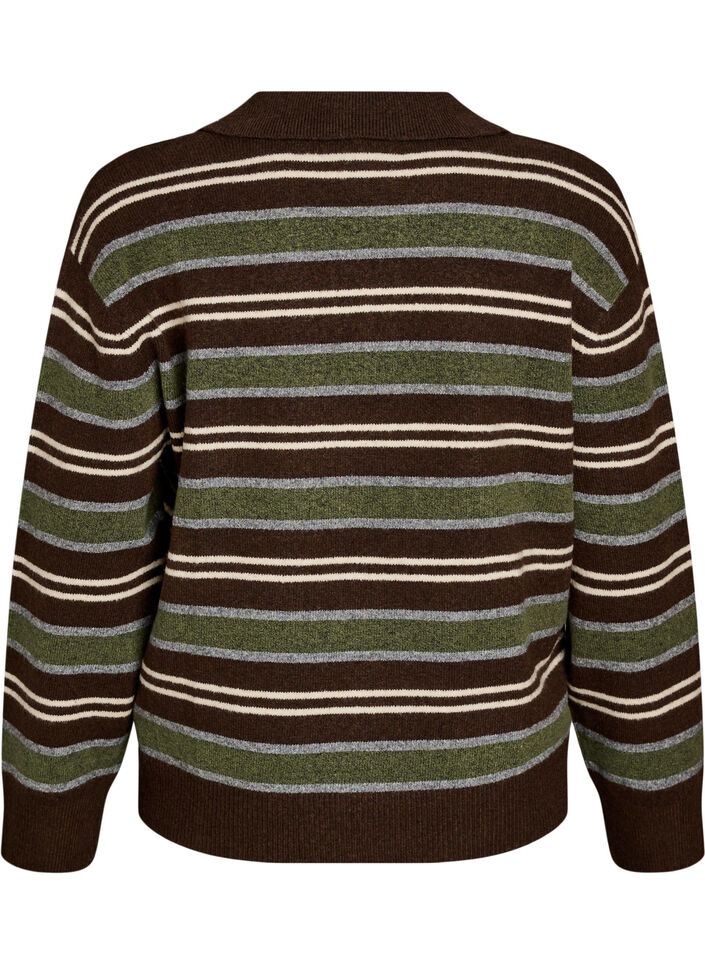 Strikbluse med striber og polokrave, Brun, Packshot image number 1