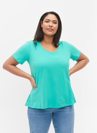 Ensfarvet basis t-shirt i bomuld, Aqua Green, Model image number 0