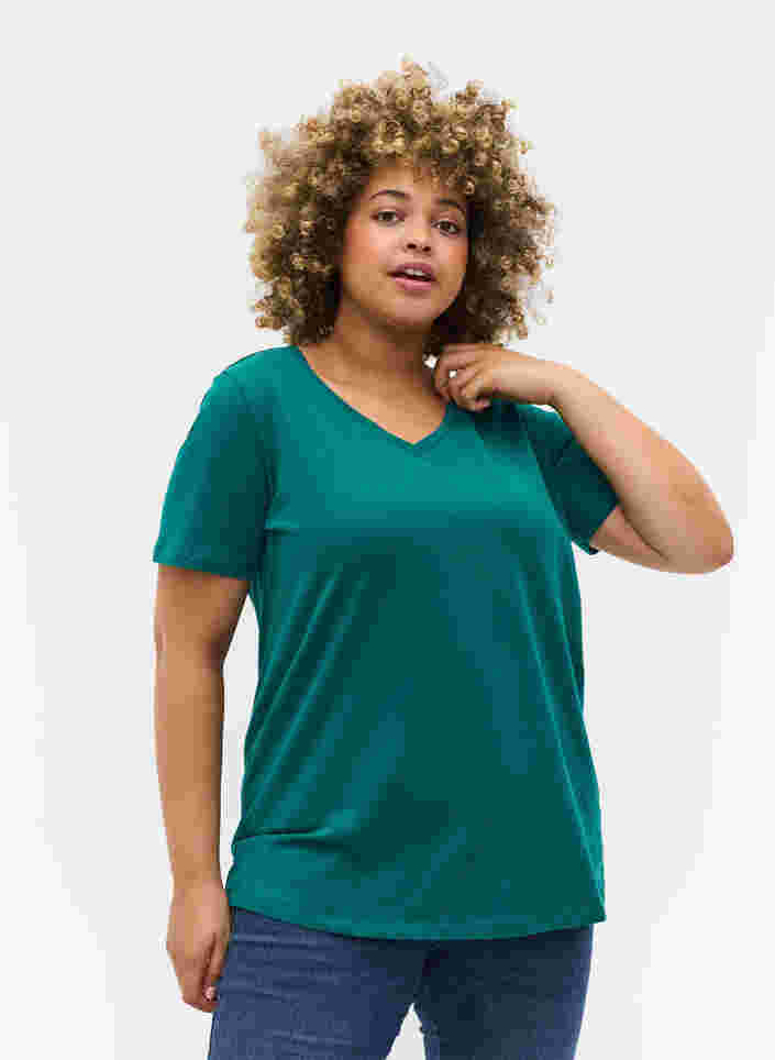 Basis t-shirt med v-hals, Teal Green, Model image number 0
