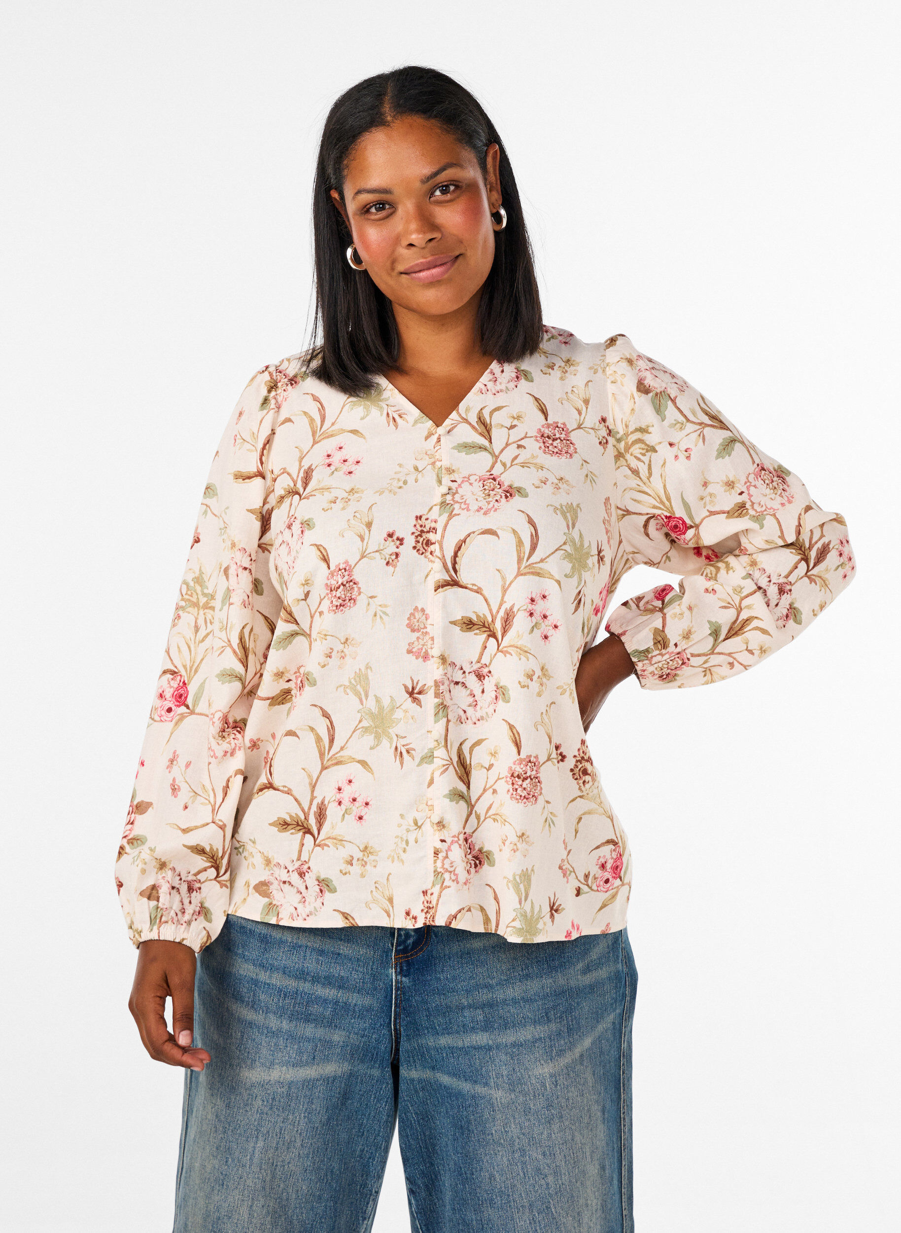 ZizziBlomstret bluse i h&oslash;r og viskose med lange &aelig;rmer, Vanilla, Model image number 0