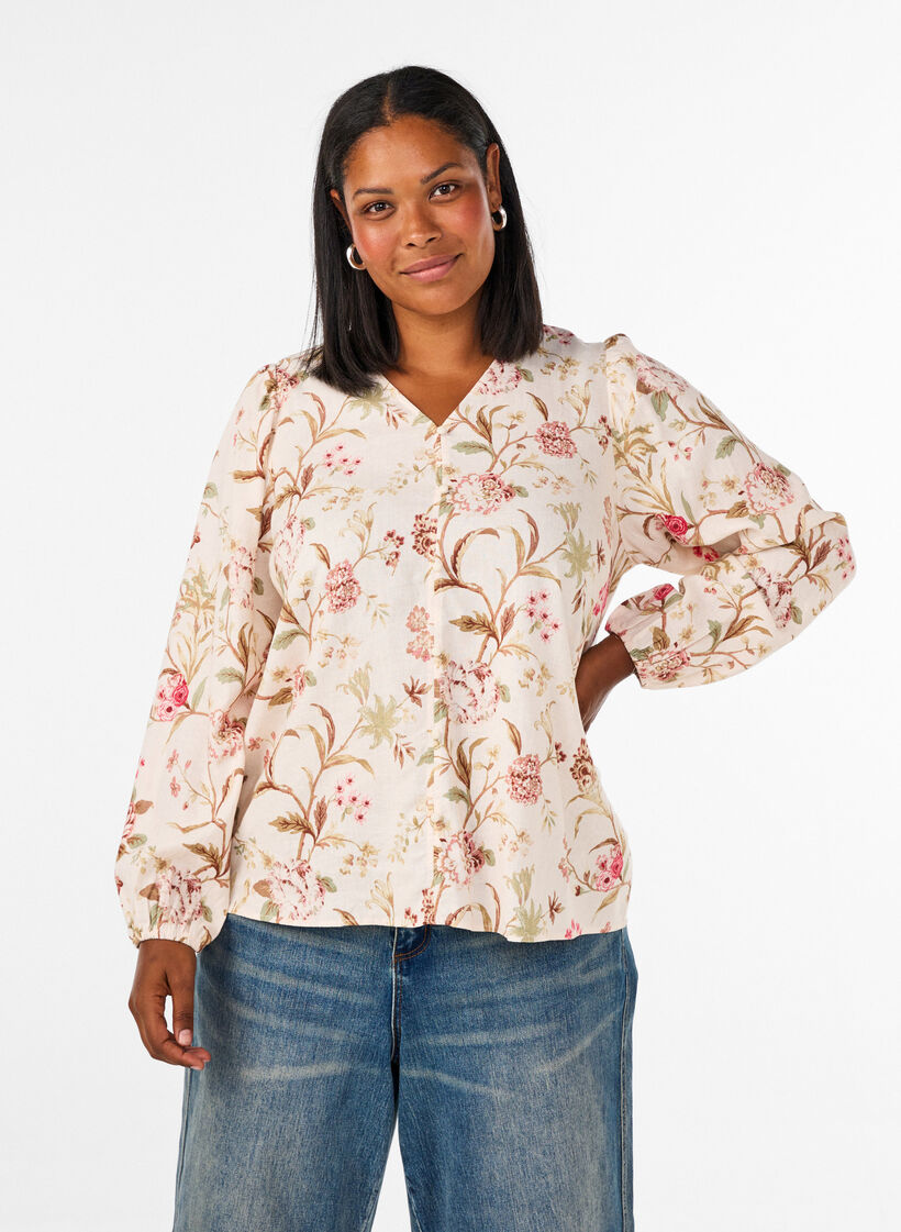 Blomstret bluse i h&oslash;r og viskose med lange &aelig;rmer, Vanilla, Model image number 0
