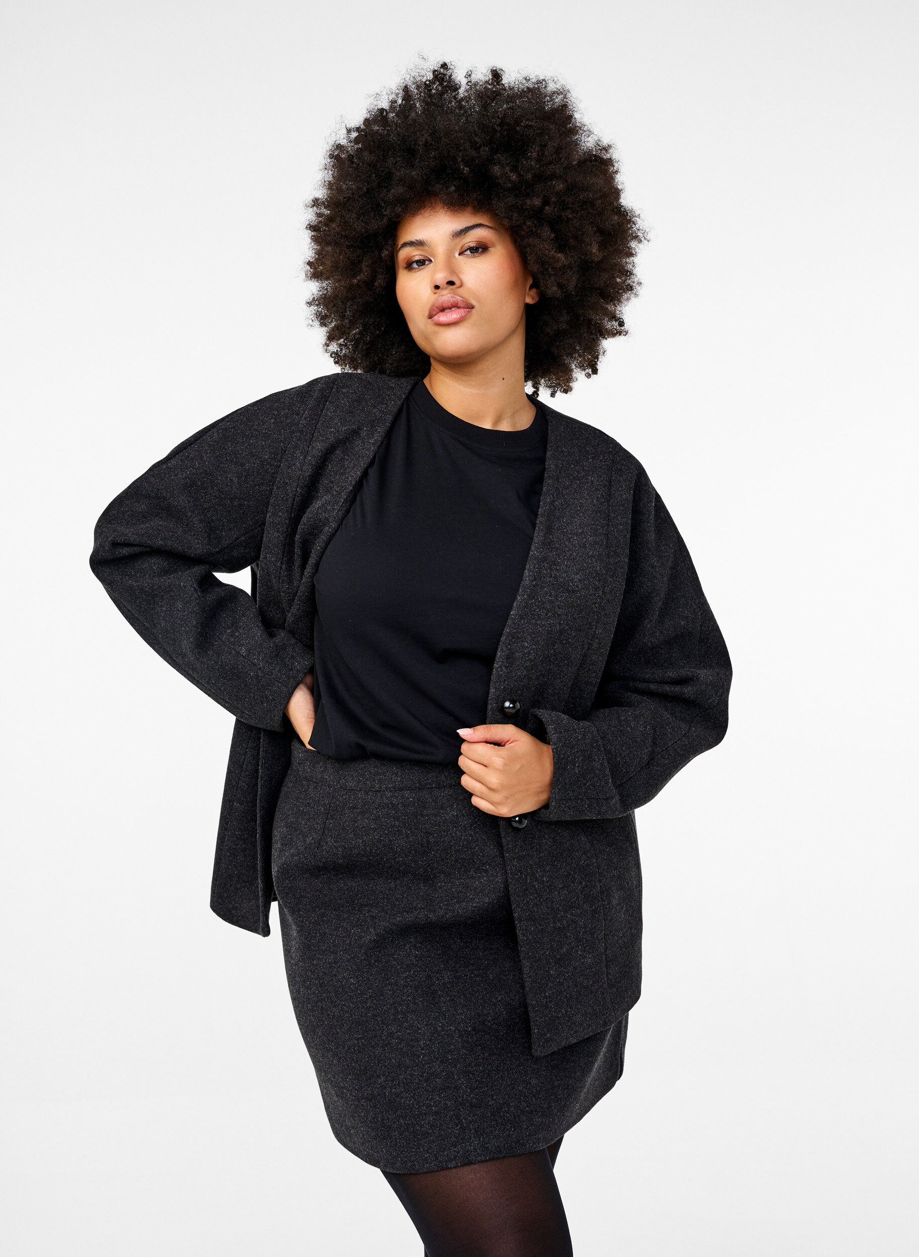 Zizzi Kort nederdel med a-snit, Dark Grey Melange, Model image number 0