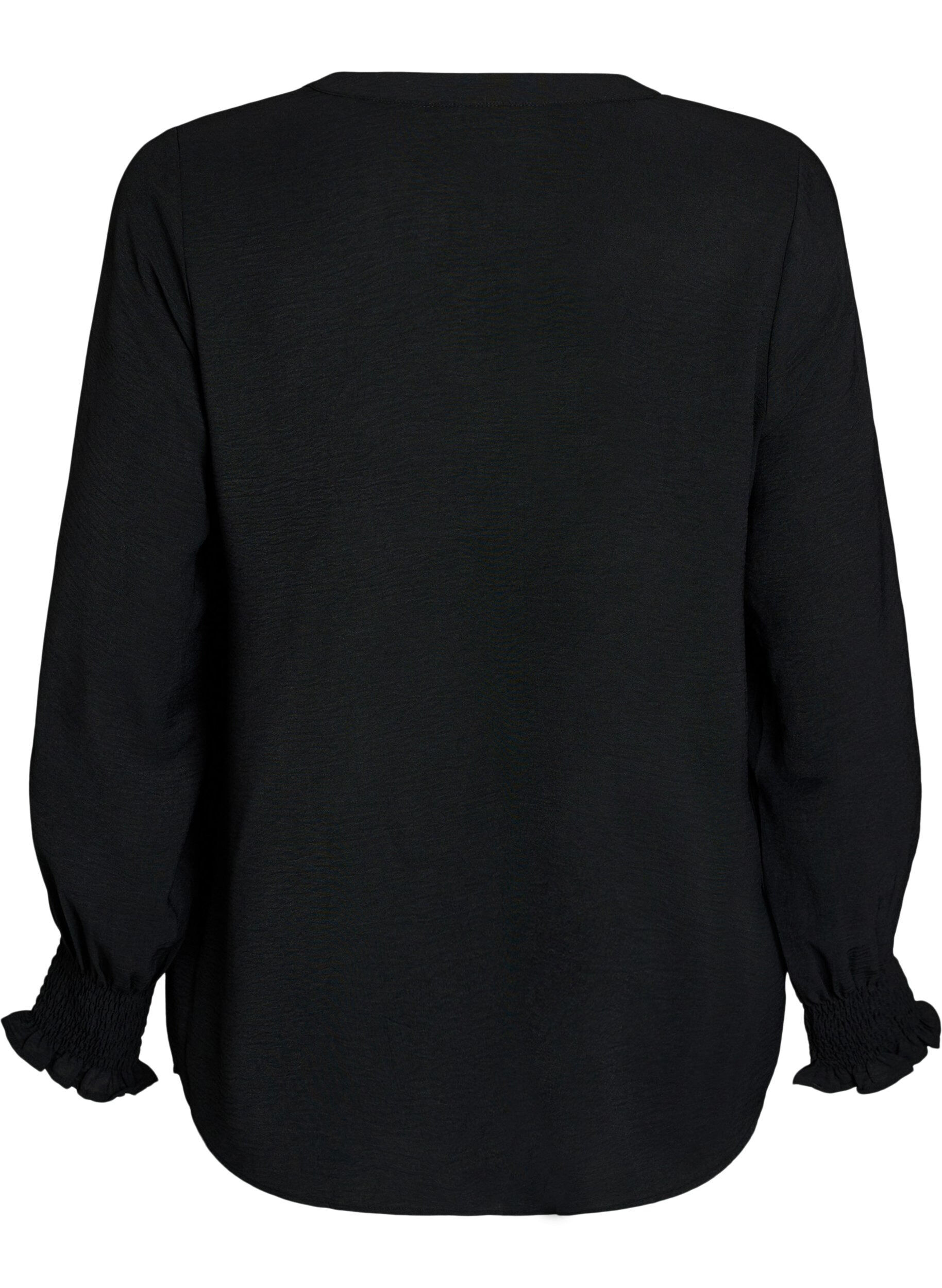Zizzi Bluse med smock manchetter og V-udsk&aelig;ring, Sort, Packshot image number 1