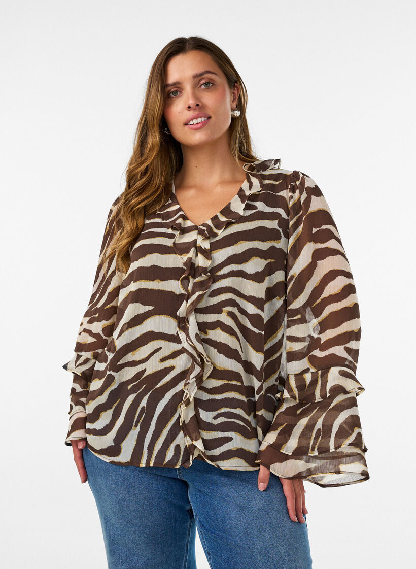 Chiffonbluse med zebram&oslash;nster og fl&aelig;ser, Brun, Model image number 0