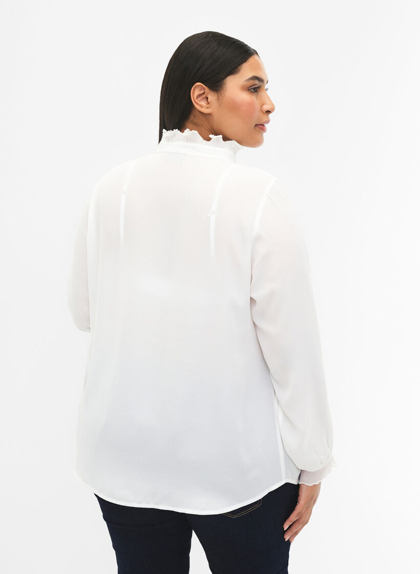 Skjortebluse med flæsedetaljer, Bright White, Model image number 1