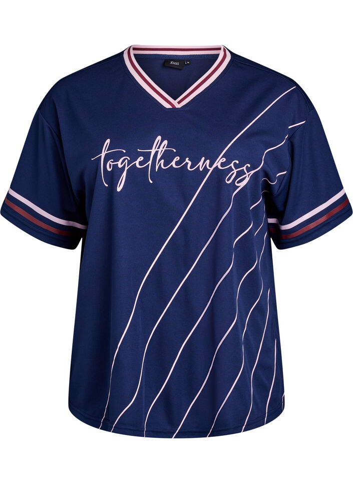 Sporty t-shirt med striber og tekstmotiv, Blå, Packshot image number 0