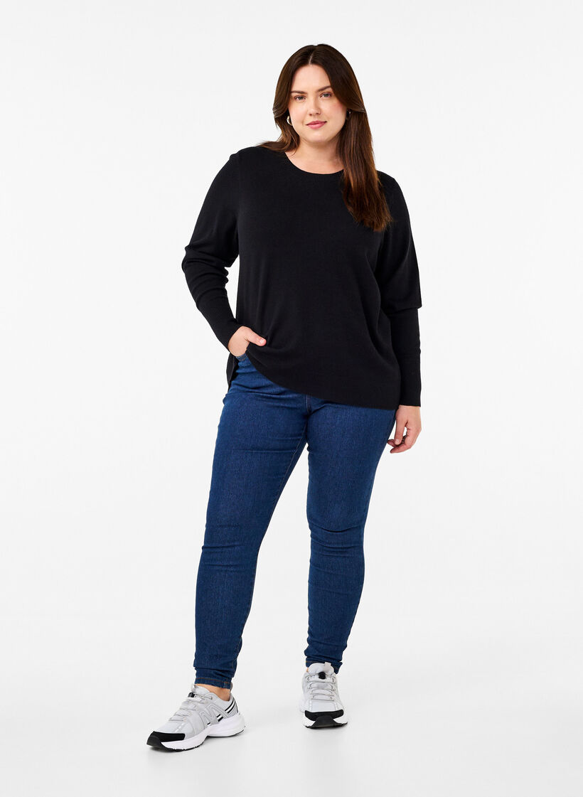 Strikbluse med rund hals, Sort, Model image number 1