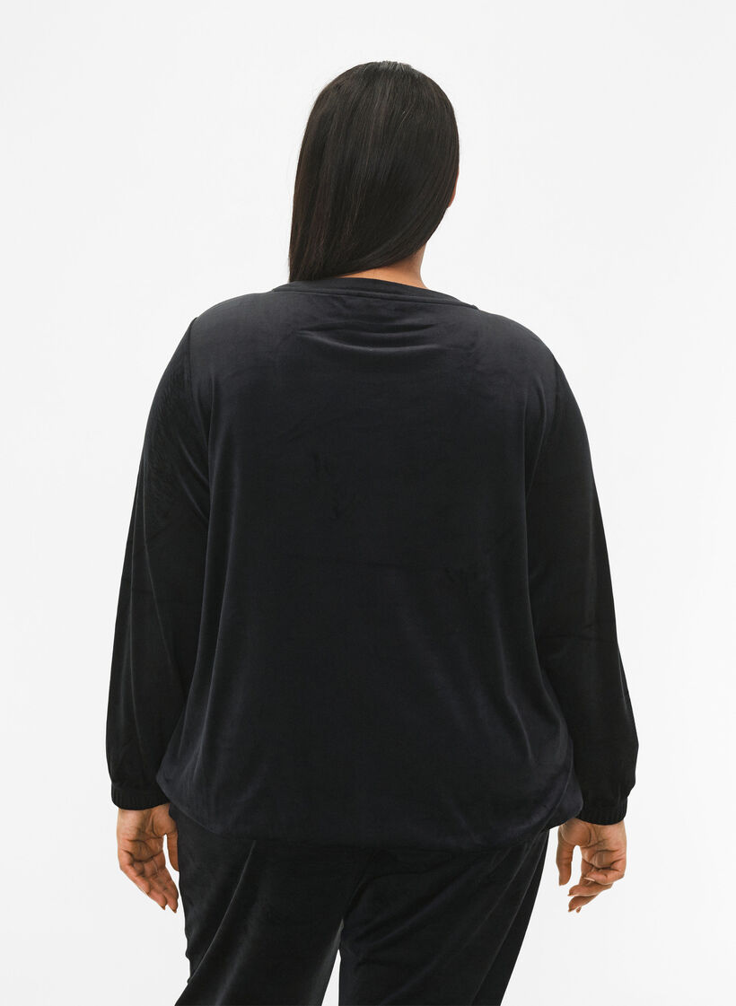 Bluse i velour med broderet tekst, Black, Model image number 1