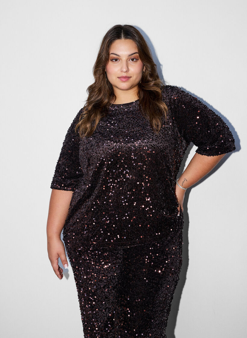 Pailletbluse med albuelange &aelig;rmer, Brun, Model image number 0