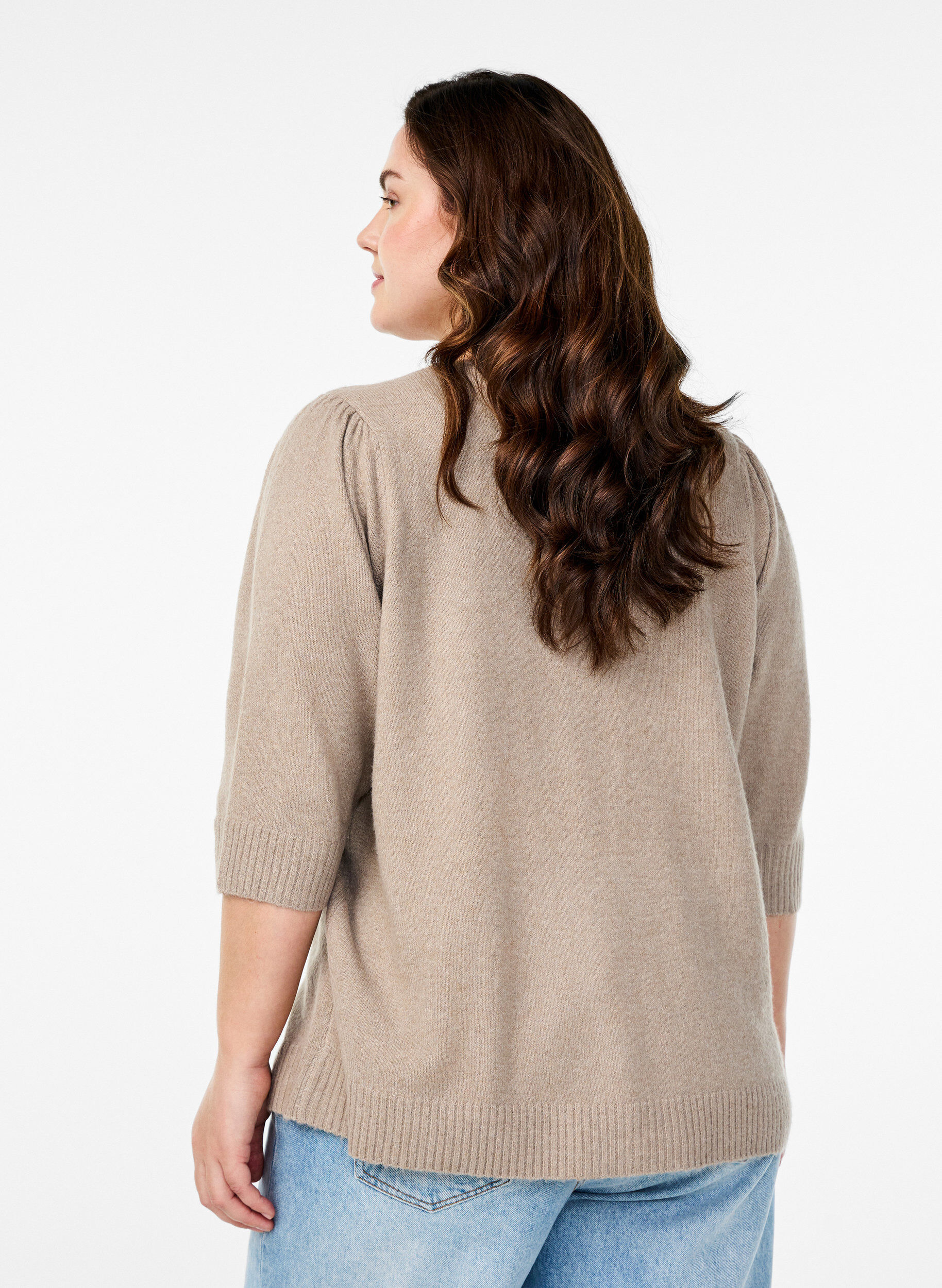 Zizzi Strikket bluse med broderede blomster, Simply Taupe Mel., Model image number 1
