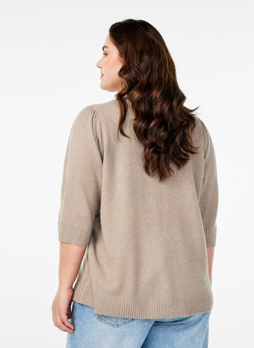 Strikket bluse med broderede blomster, Simply Taupe Mel., Model image number 1