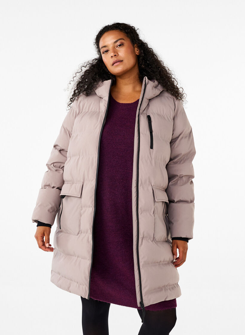 Pufferfrakke med h&aelig;tte og lommer, Beige, Model image number 0