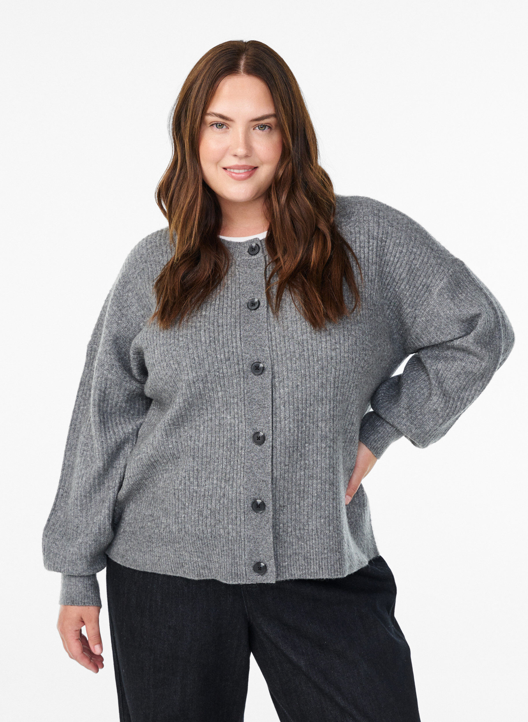 Ribstrikket cardigan med knapper, Gr&aring;, Model