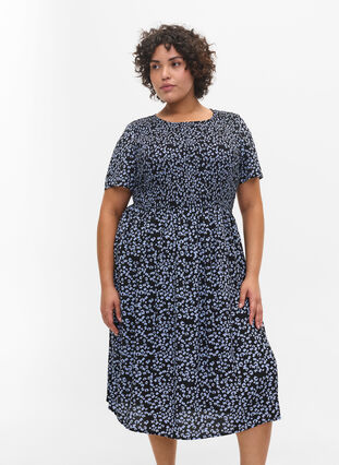Printet viskose kjole med smock, Blue Dot, Model image number 0