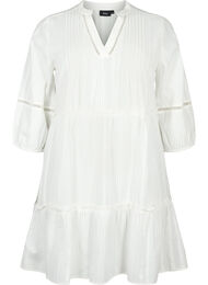 Kjole i bomuld med 3/4 ærmer og flæser, Bright White