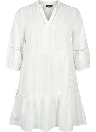 Kjole i bomuld med 3/4 ærmer og flæser, Bright White, Packshot image number 0