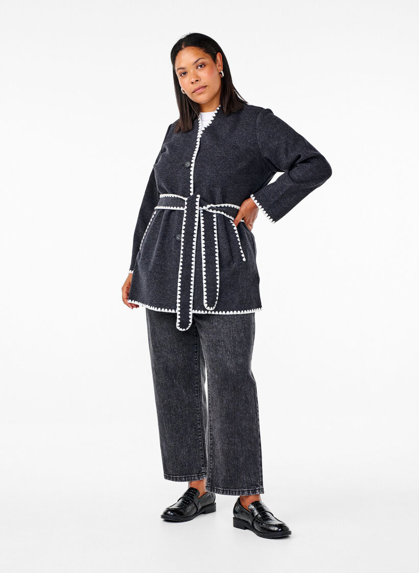 Let frakke med kontrastfarvede kanter, Dark Grey Melange, Model image number 2