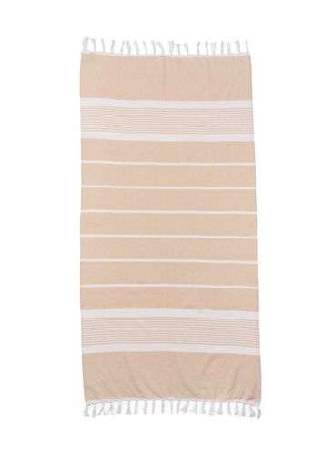 Stribet håndklæde med frynser, Light Beige Melange, Packshot image number 1