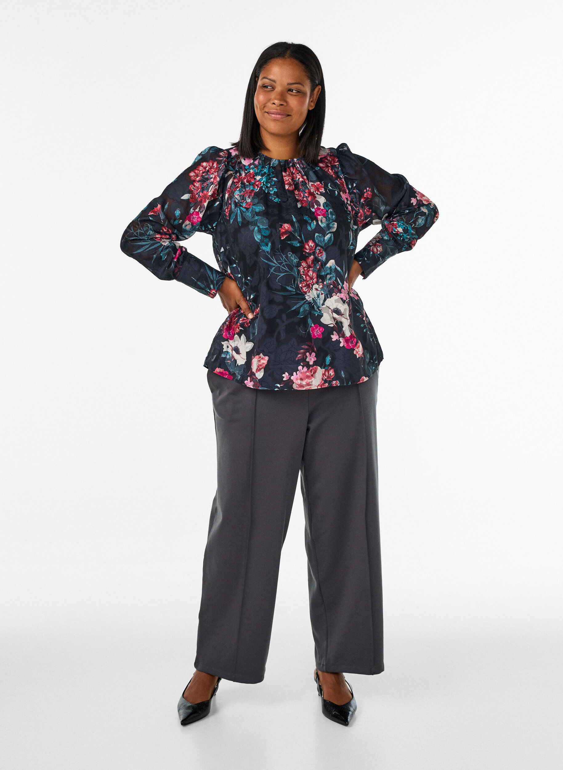 ZizziL&oslash;se jerseybukser med h&oslash;j talje, Gr&aring;, Model image number 0