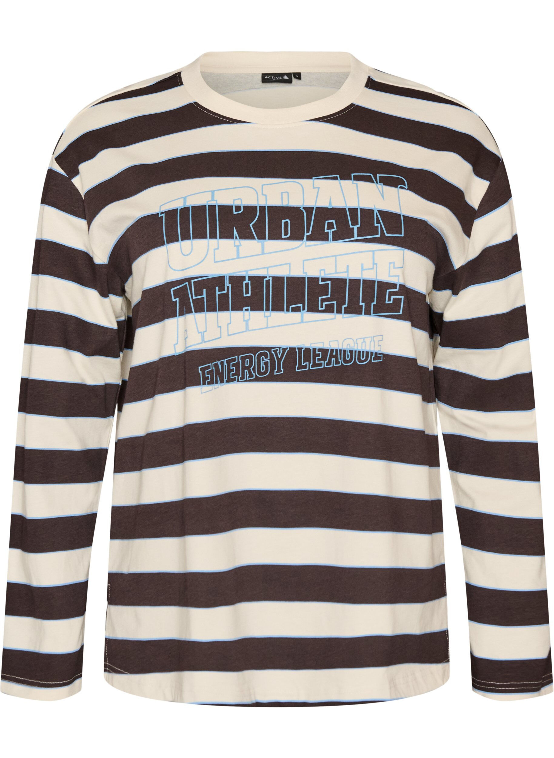 Stribet jerseybluse med sporty tekstprint