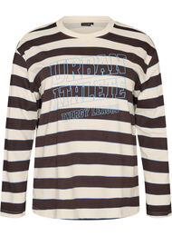 Stribet jerseybluse med sporty tekstprint, Brun