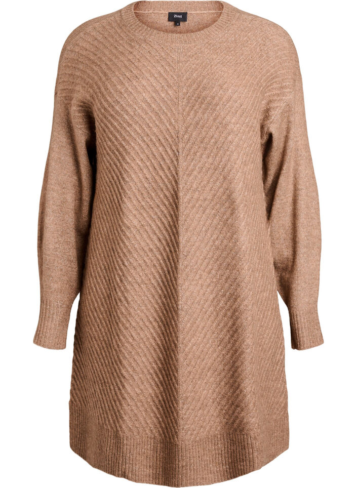 Kort strikkjole med V-formet strukturmønster, Brun, Packshot image number 0