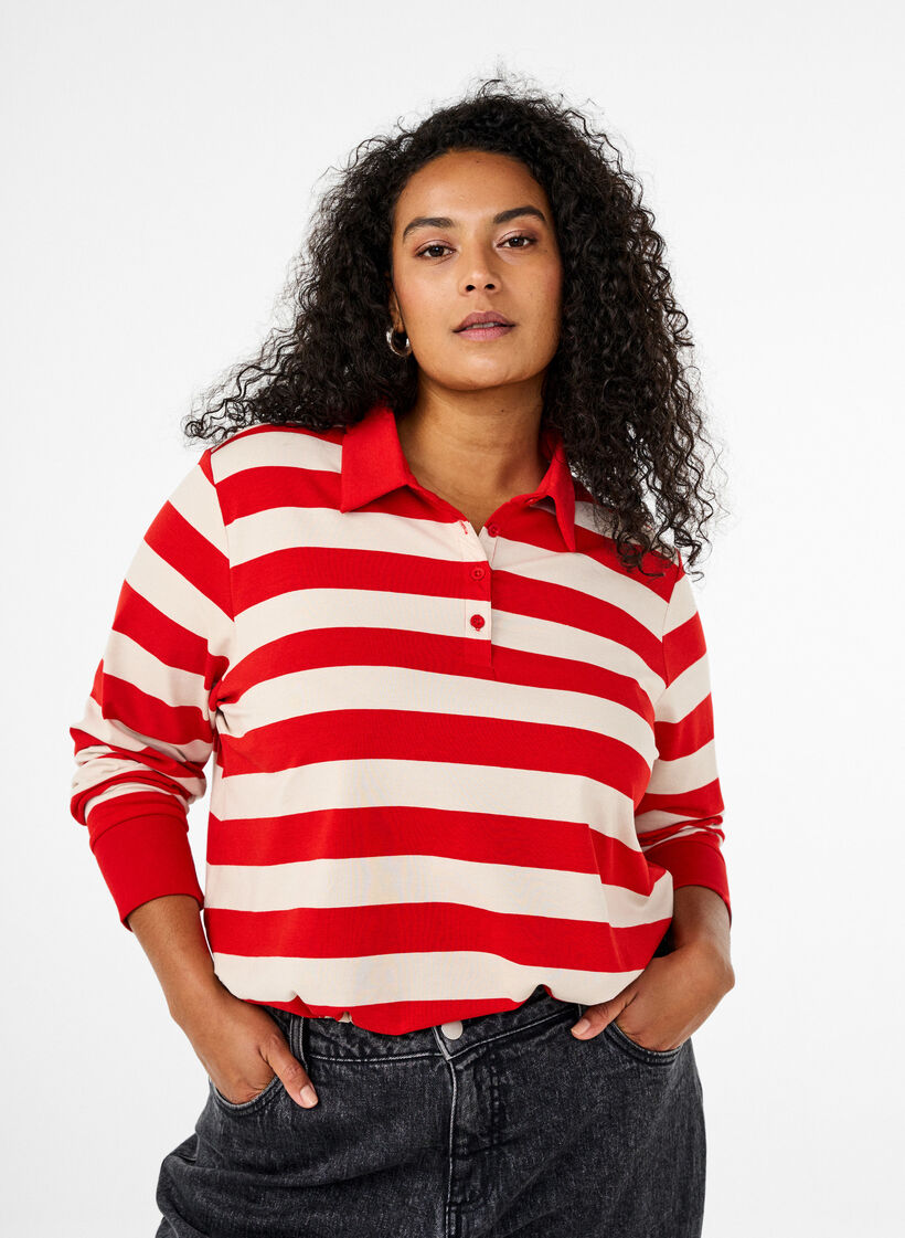 Langærmet poloshirt med striber, Rød, Model image number 0