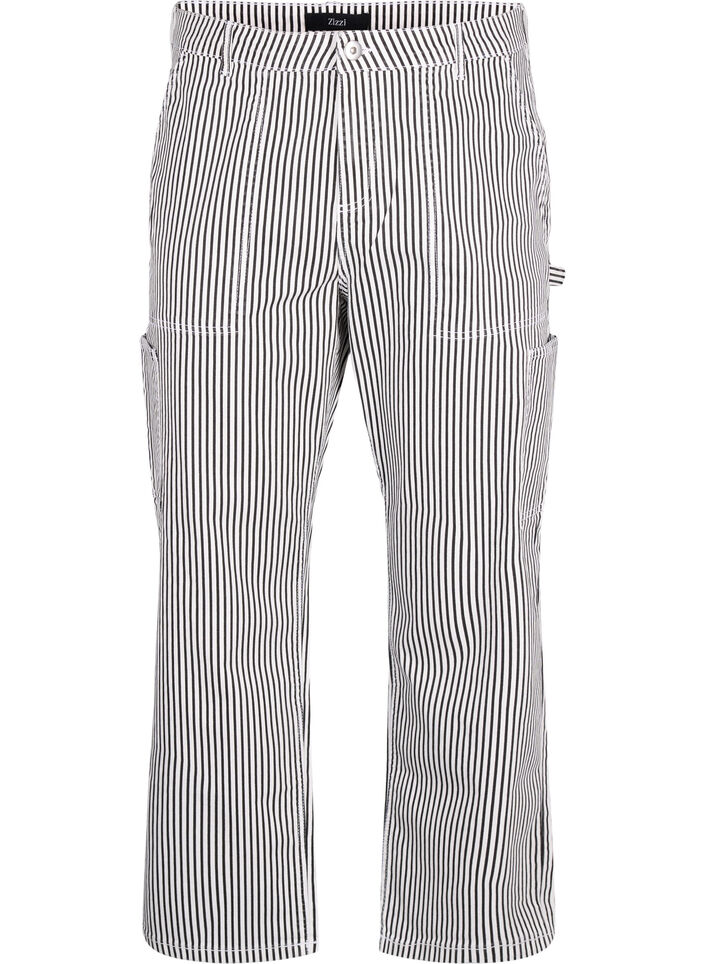 Stribede cargo jeans med straight fit, Black White Stripe, Packshot image number 0