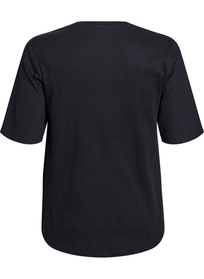 Ribbet jerseybluse med korte &aelig;rmer, Sort, Packshot image number 1