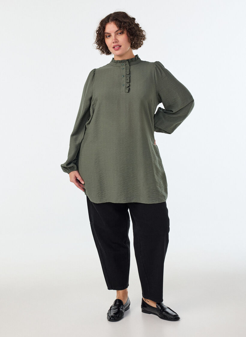 Viskosetunika med fl&aelig;ser og knapper, Gr&oslash;n, Model image number 1