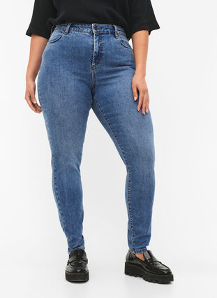 Amy jeans med høj talje og super slim fit, Blue denim, Model image number 2