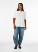 Bluse med knapdetalje og korte puf&aelig;rmer, Beige, Model image number 1