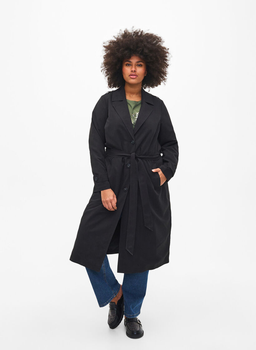 Lang trenchcoat med bælte, Black, Model image number 0