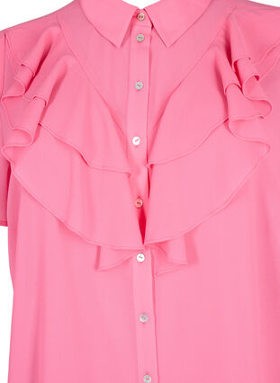 Kortærmet skjortebluse med flæser, Pink Power, Packshot image number 2