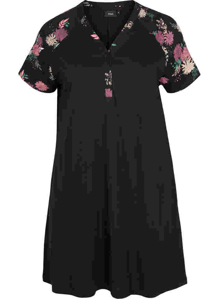 Kortærmet bomulds natkjole med printdetaljer, Black AOP Flower, Packshot image number 0