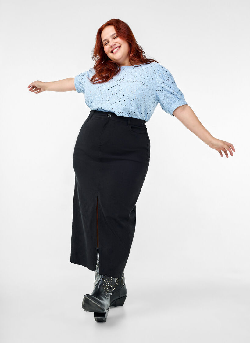 Kortærmet bluse med hulmønster, Cashmere Blue, Image image number 0