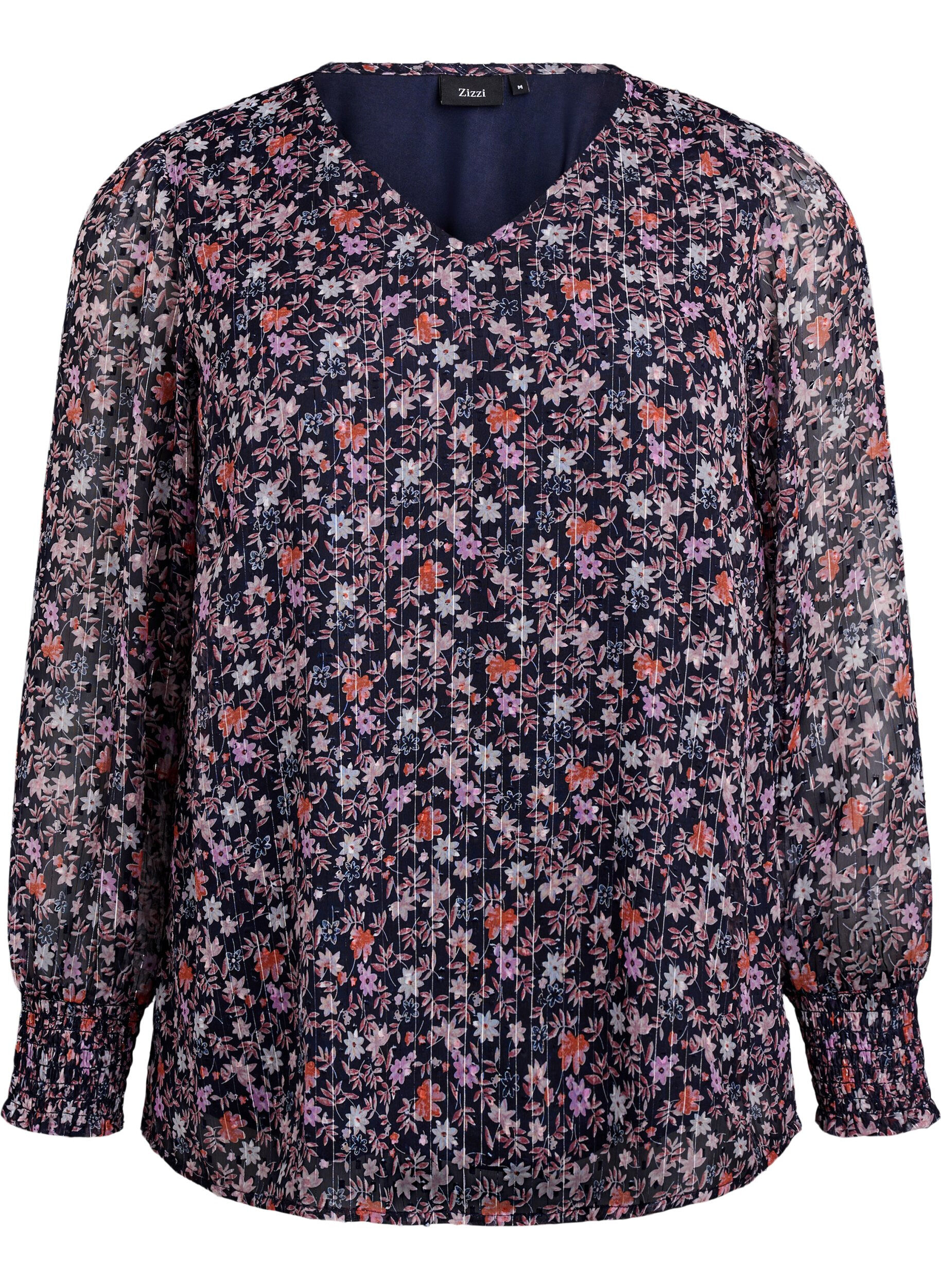 ZizziBluse med blomsterprint og glittertr&aring;d, Bl&aring;, Packshot image number 0