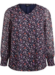 Bluse med blomsterprint og glittertr&aring;d, Bl&aring;