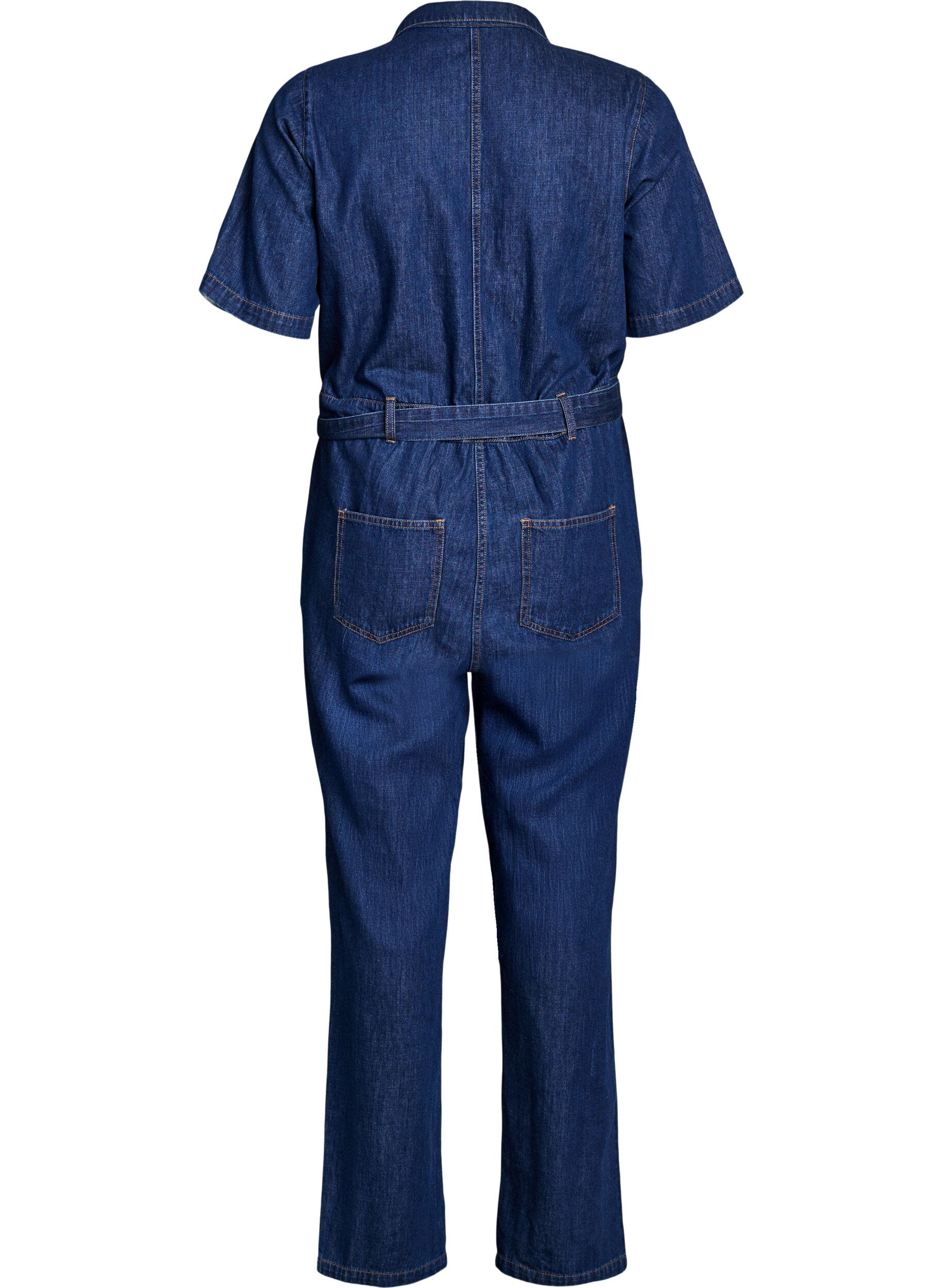 Zizzi Denim jumpsuit med korte &aelig;rmer og bindeb&aelig;lte, Bl&aring;, Packshot image number 1