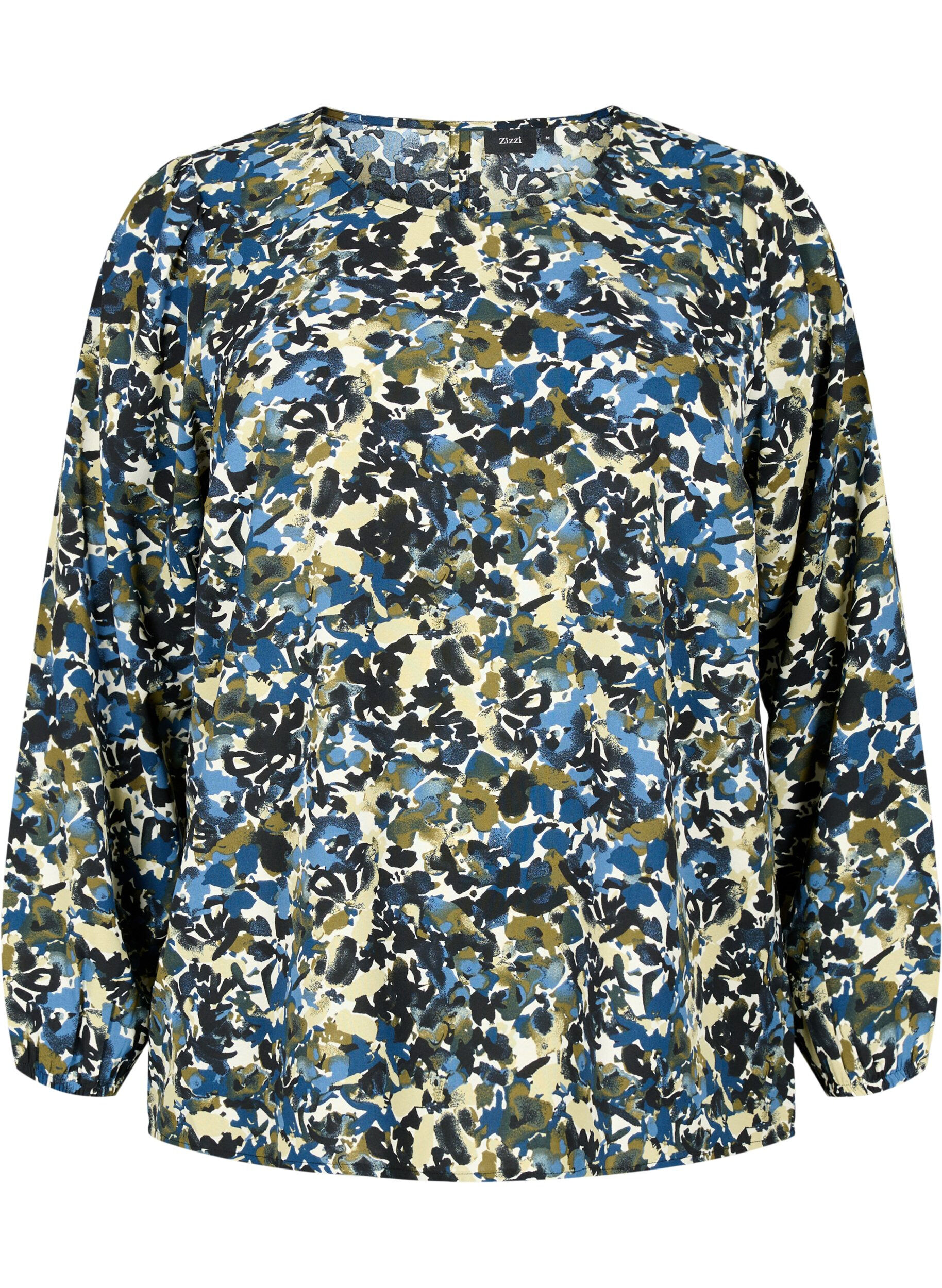 Zizzi Bluse med puf&aelig;rmer, Blue Green AOP, Packshot image number 0