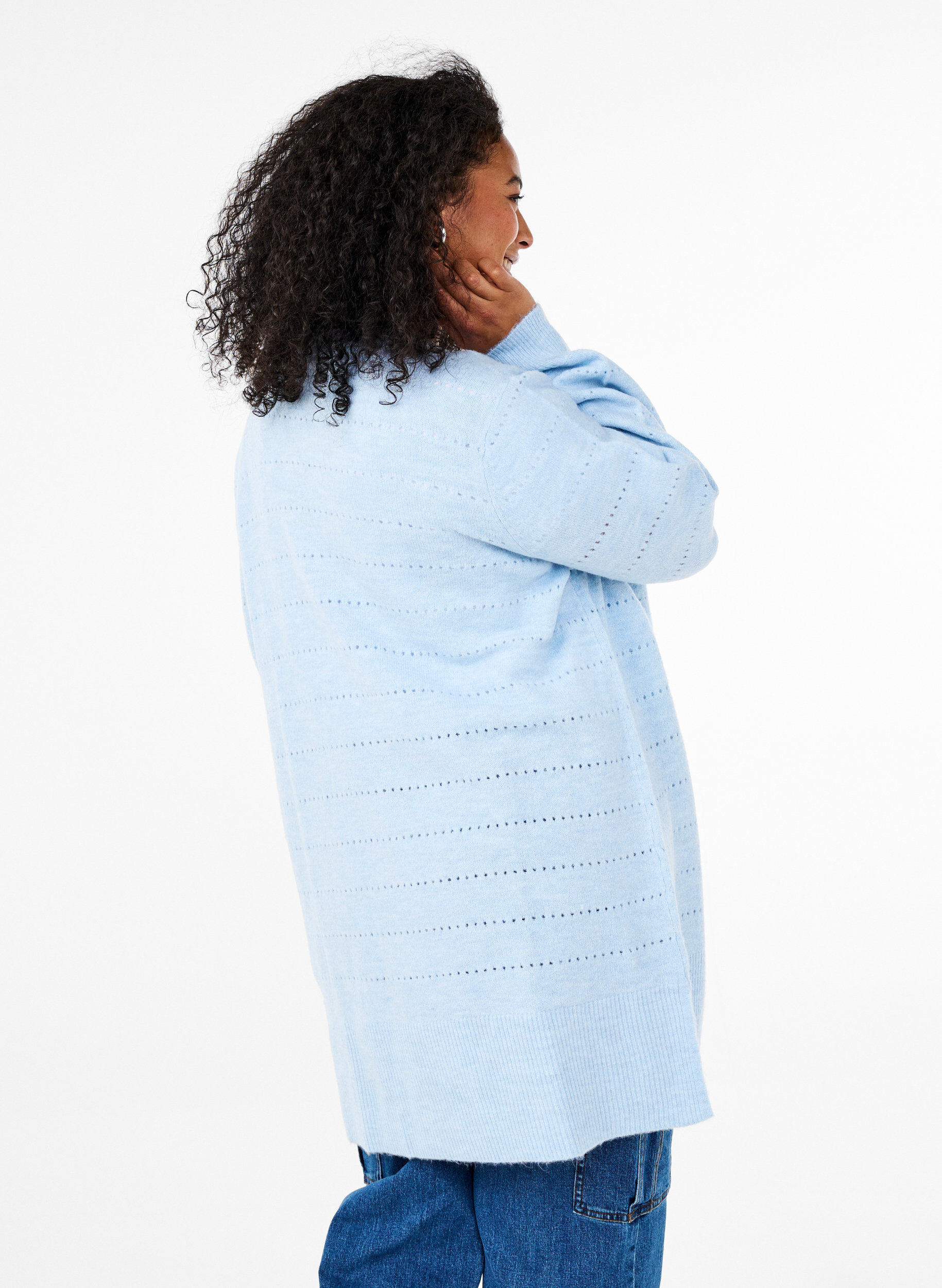 Zizzi Lang strikcardigan med hulm&oslash;nster, Cashmere Blue Mel., Model image number 1