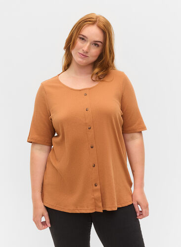 Kortærmet rib t-shirt med knapper, Pecan Brown, Model image number 0