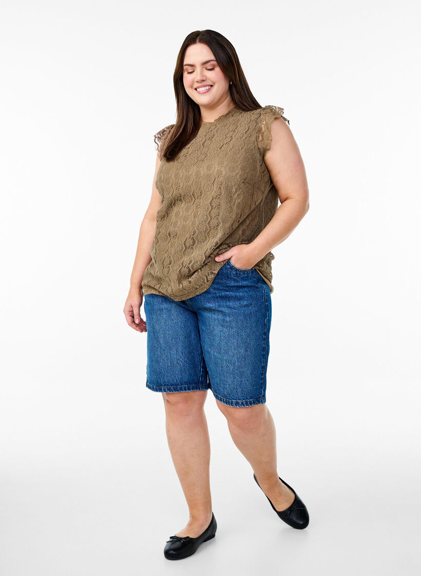 Blondetop med flæsedetaljer, Brun, Model image number 1