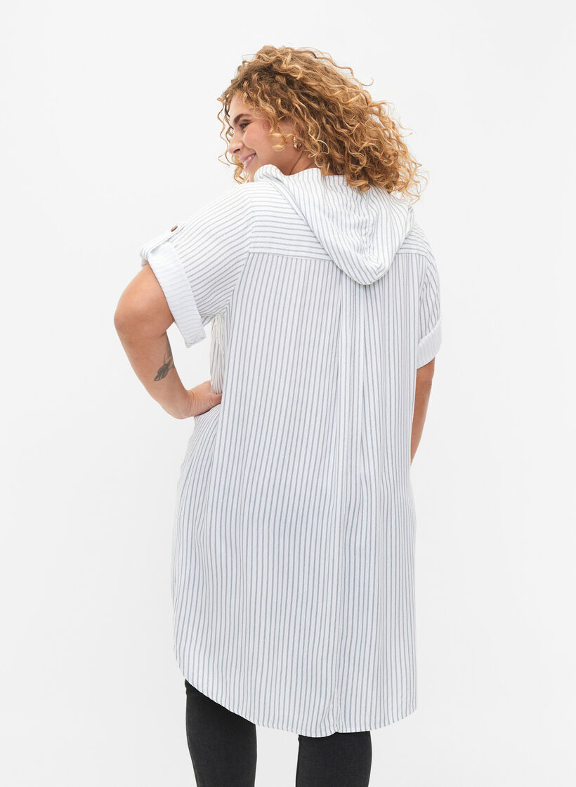 Kortærmet viskose tunika med hætte, Chinois Green Stripe, Model image number 1