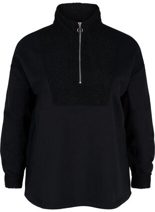Højhalset sweatshirt med teddy og lynlås, Black, Packshot image number 0