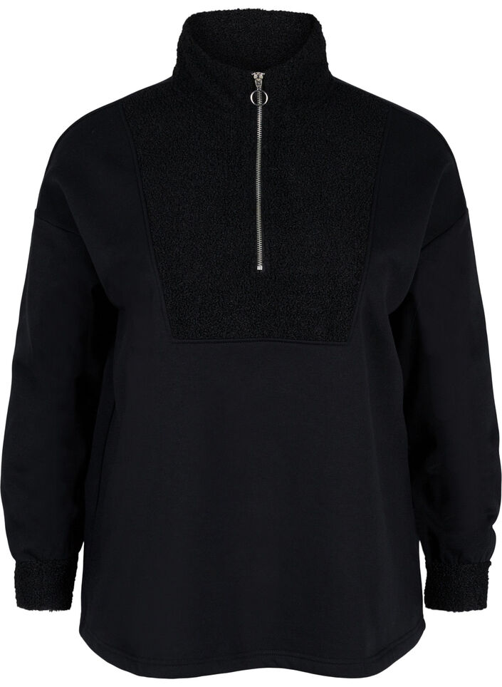 Højhalset sweatshirt med teddy og lynlås, Black, Packshot image number 0