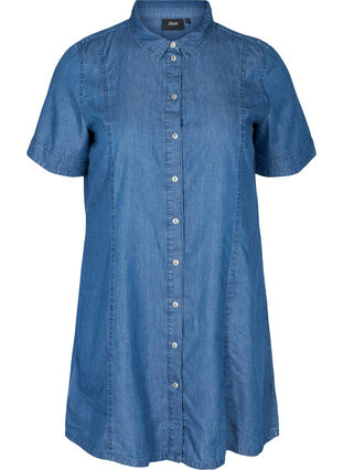 Denim skjortekjole med korte ærmer, Medium Blue denim, Packshot image number 0