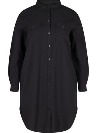 Lang bomuldsskjorte med brystlommer, Black, Packshot image number 0
